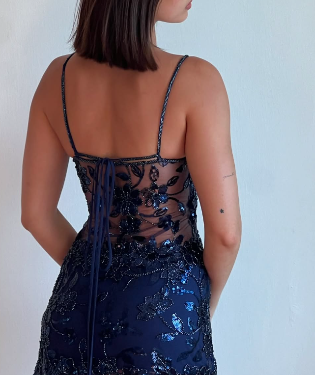 Exquisite Navy Blue Floral Beaded Sequin Tulle Long Evening Gown Prom Gown DP2918