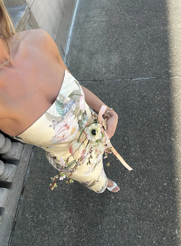 Pretty Sheath Strapless Print Floral Satin Long Prom Dress Evening Dress DP1636