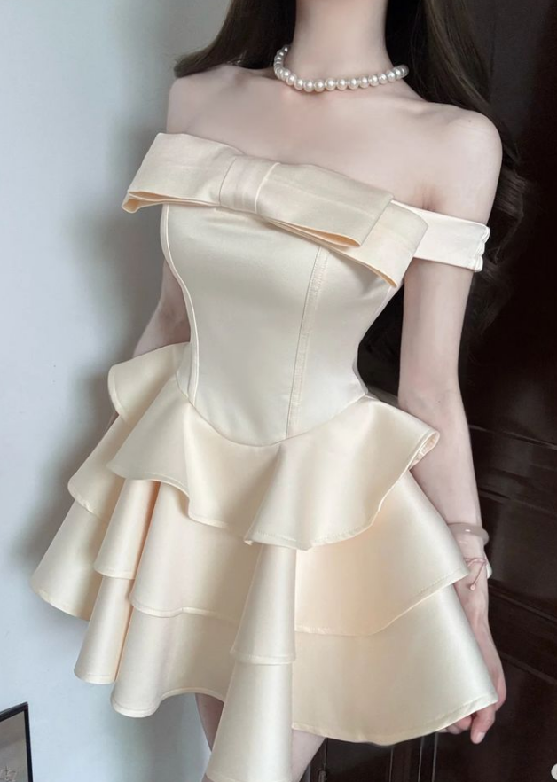 Cute A Line Off the Shoulder Bow Layered Light Champagne Satin Short Homecoming Dress Cocktail Dress DP2543