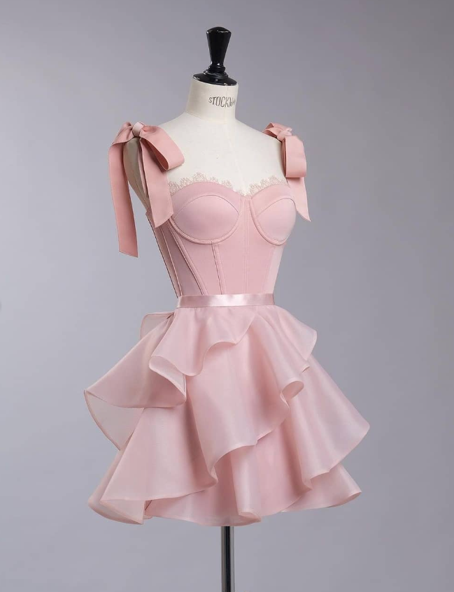 Cute A Line Strap Corset Tiered Pink Tulle Satin Short Homecoming Dress Birthday Dress DP1709