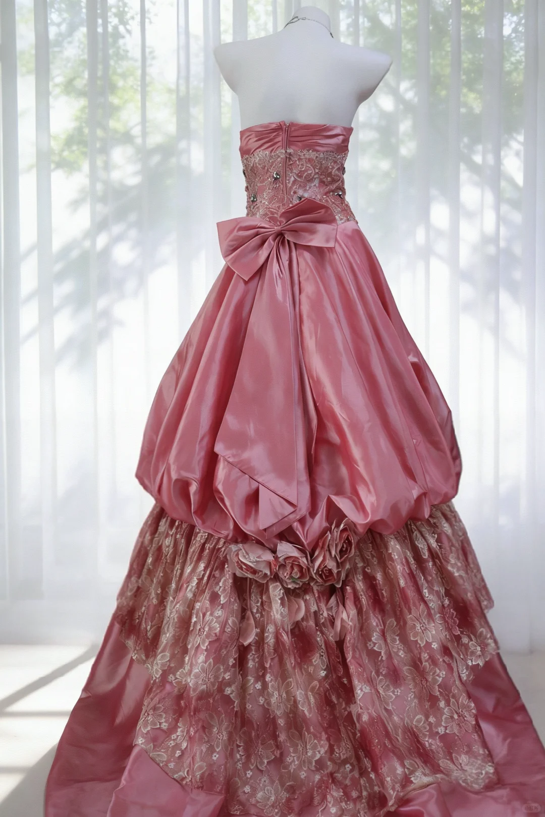 Sweet Vintage A Line Strapless Beaded Pink Lace Satin Prom Dress Evening Dress DP4728