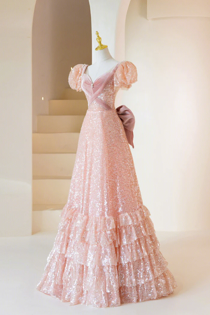 Fairy Sequin A Line Short Sleeves Long Prom Dress DP265