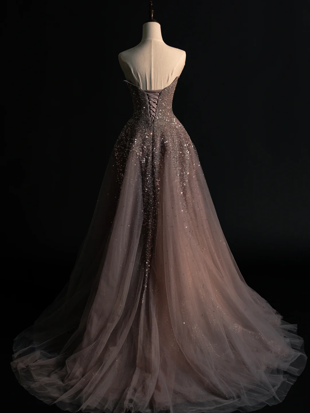Shiny A Line Strapless Sequin Tulle Long Prom Dress Graduation Prom Dress DP2215