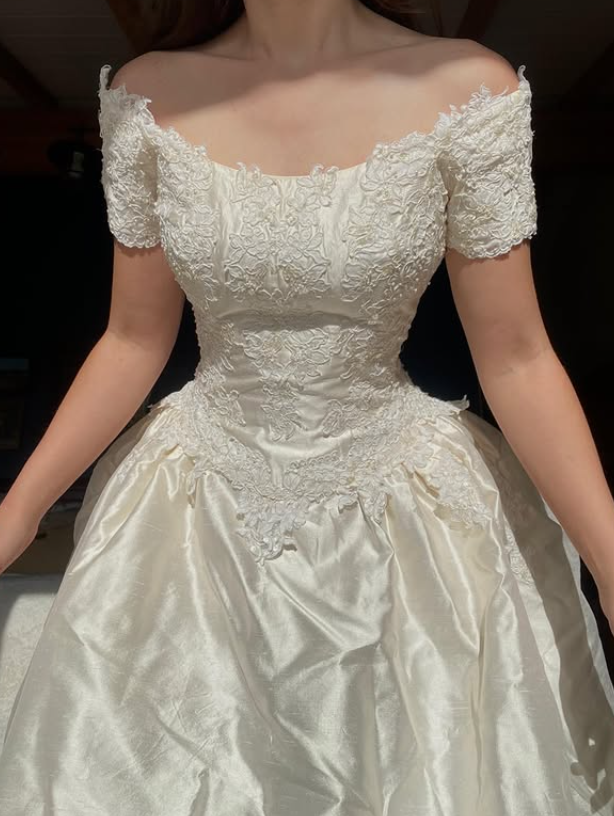 Pretty A Line Off the Shoulder Ivory Lace Satin Wedding Dress Prom Dress DP5538