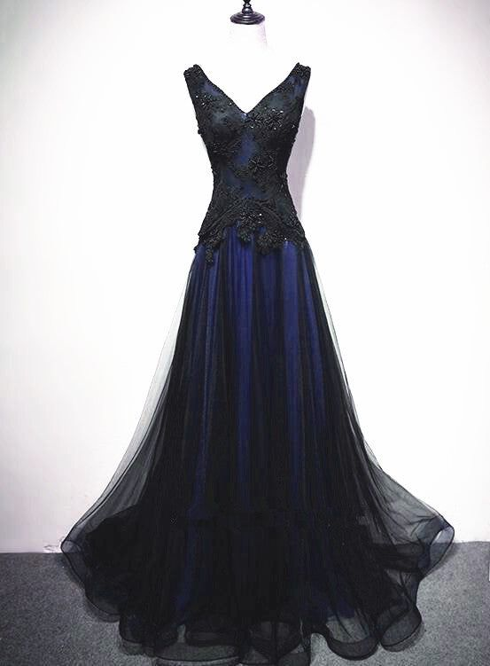 Elegant V-Neck Tulle Long Prom Dress Lace Beaded Evening Dress DP195