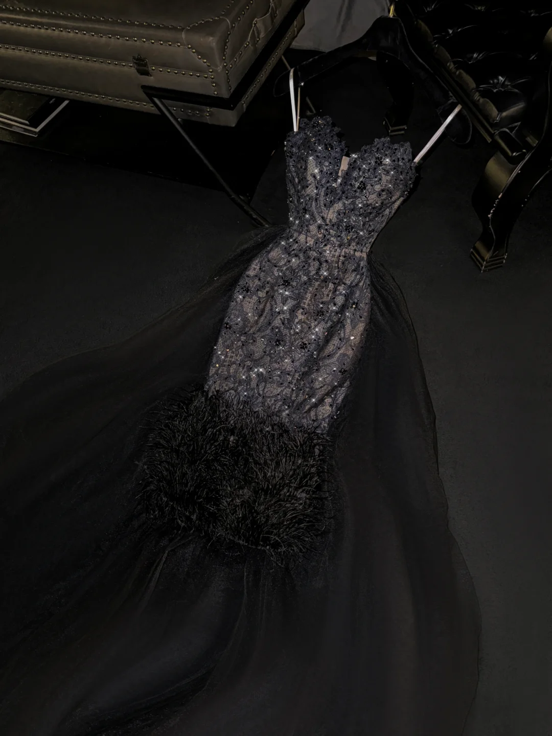 Sexy Sheath Sweetheart Neck Black Sequin Feather Lace Long Prom Dress Evening Dress DP2086