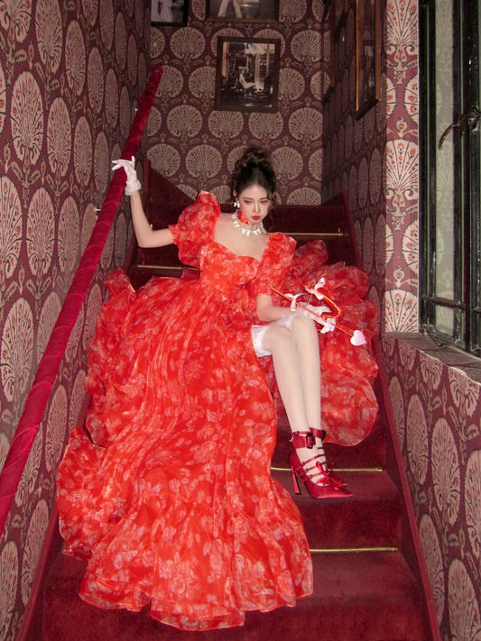 Red Ball Gown Puff Print Floral Ruffle Chiffon Long Party Dress Birthday Dress with Slit DP2523