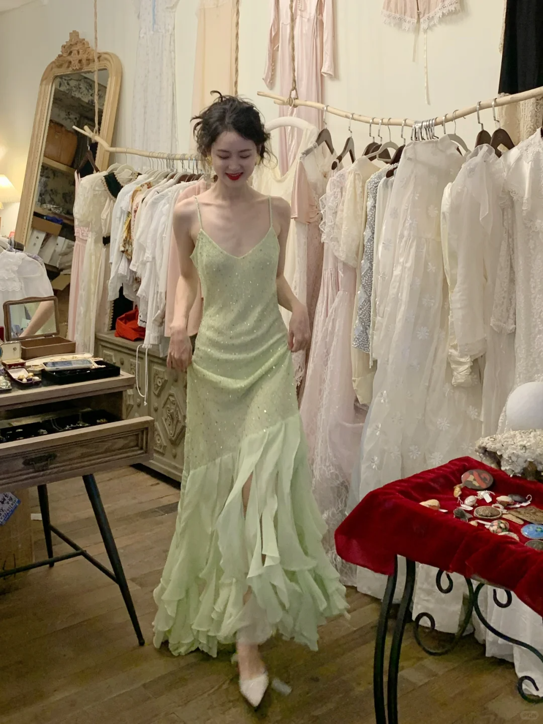 Vintage Light Green Mermaid Spaghetti Strap Beaded Ruffle Chiffon Prom Dress 22th Birthday Dress DP3927