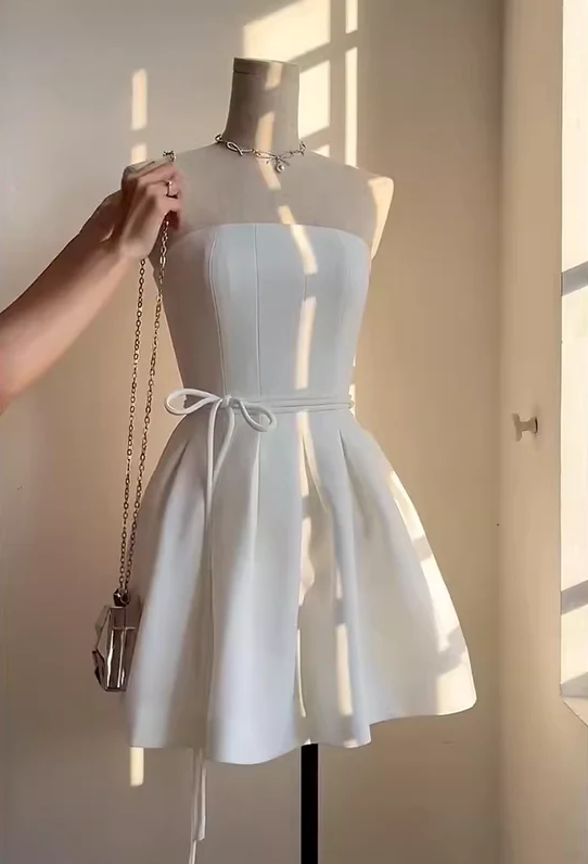 Simple White Birthday Dress Satin Homecoming Dress DP431