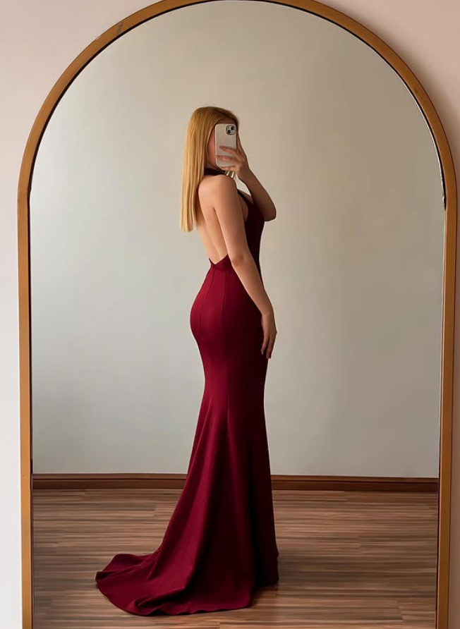 Burgundy Mermaid High Neck Satin Backless Long Prom Dress Evening Dress DP6491