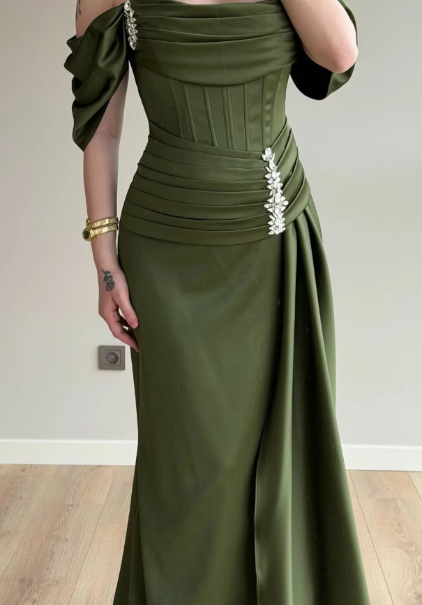 Elegant Olive Green A Line Off the Shoulder Satin Prom Dress Date Dress DP5089