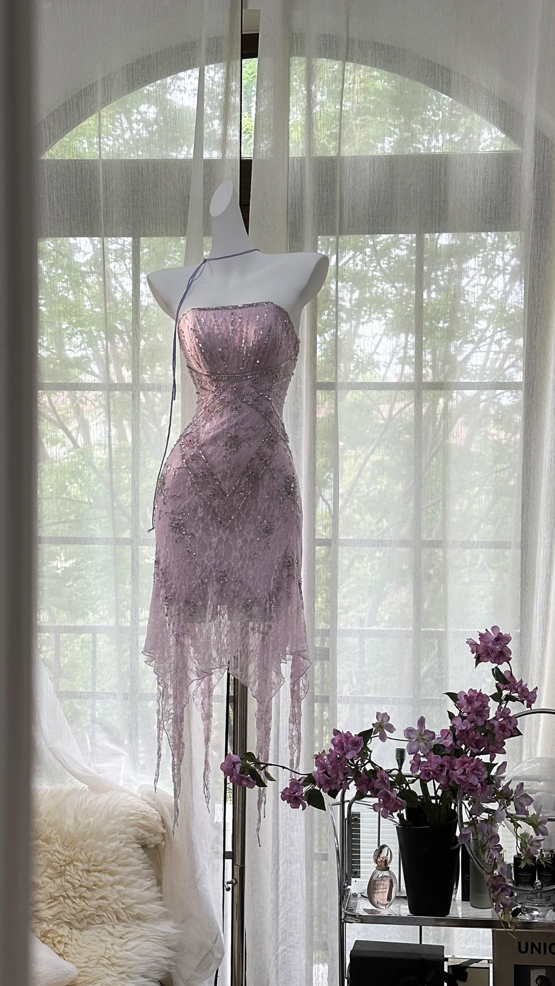 Stunning A Line Strapless Purple Rhinestone Lace Short Homecoming Dress Birthday Dress DP2469