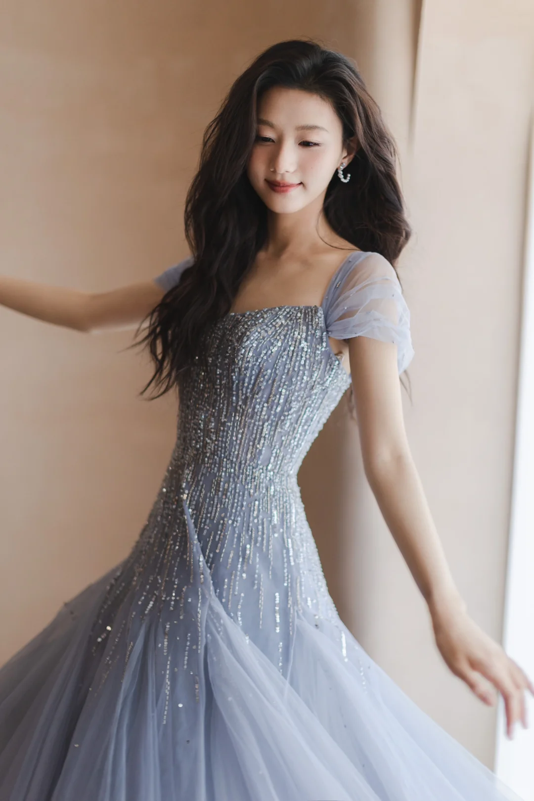 Gentle Blue A Line Off the Shoulder Sequin Beaded Tulle Long Prom Dress Formal Dress DP3336