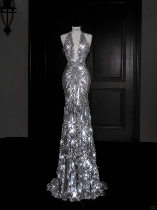 Sexy Mermaid Halter Silver Sequin Open Back Long Prom Dress Evening Dress DP2654