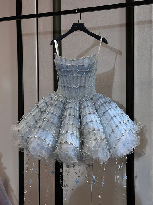 Shiny A Line Strapless Rhinestone Blue Organza Short Homecoming Dress DP2699