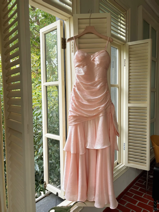 Pink Mermaid Spaghetti Strap Layered Satin Party Dress Wedding Guest Dress DP2586