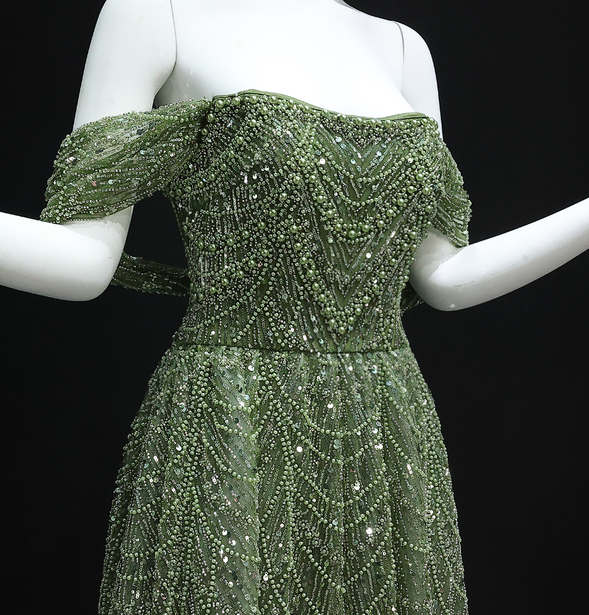 Gorgeous A Line Off the Shoulder Beaded Green Tulle Prom Dress Evening Dress DP1922