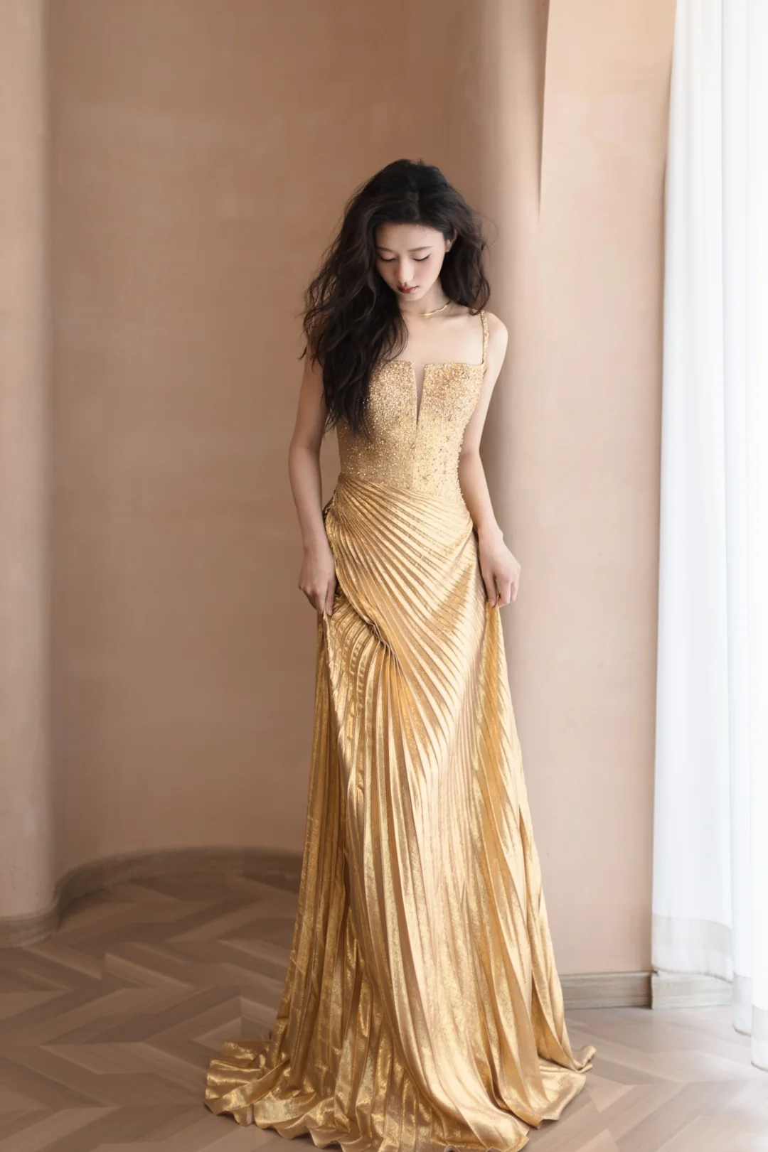 Golden A Line Spaghetti Strap Beaded Pleated Satin Long Prom Dress Formal Dress DP3331