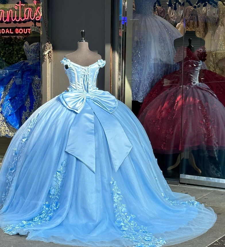 Blue Off the Shoulder Corset Appliques Tulle Ball Gown Sweet 16 Dress Quinceanera Dress DP1670