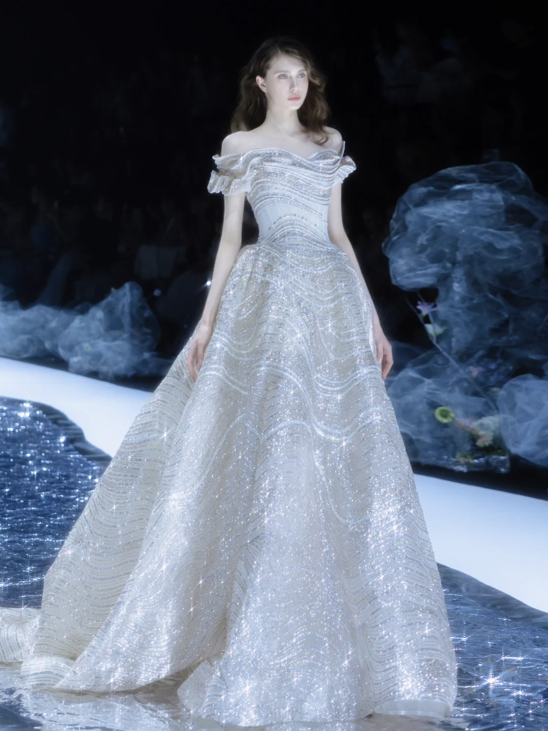 Shiny A Line Off the Shoulder Silver Sequin Tulle Long Prom Dress DP2841