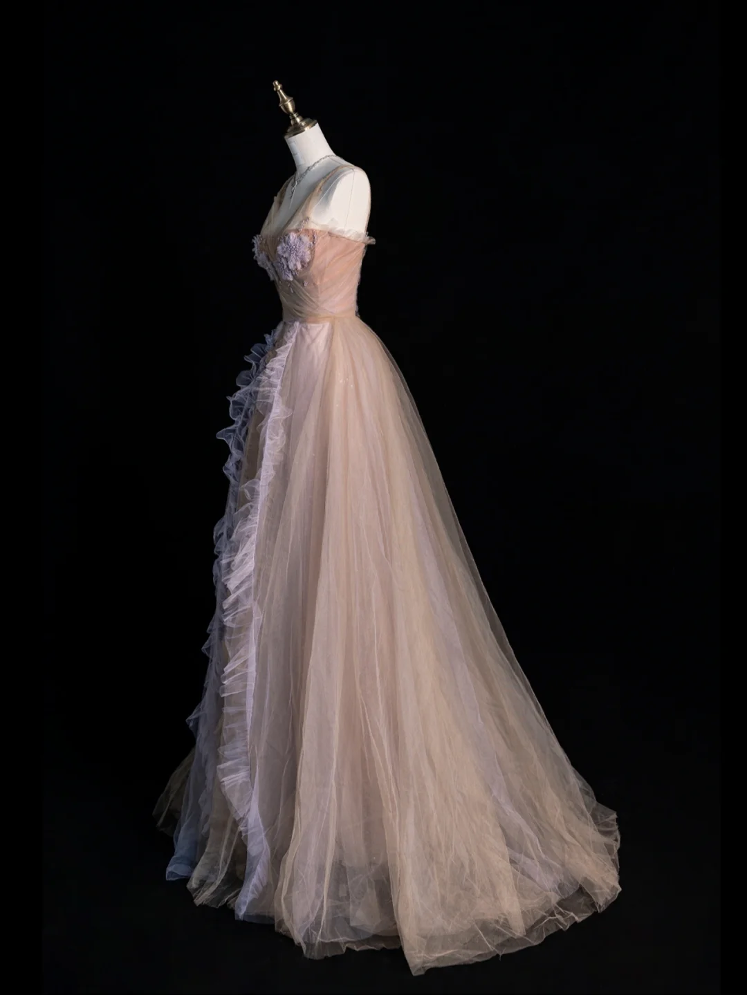 Gentle A Line Spaghetti Strap Flower Tulle Long Prom Dress Party Dress DP2517