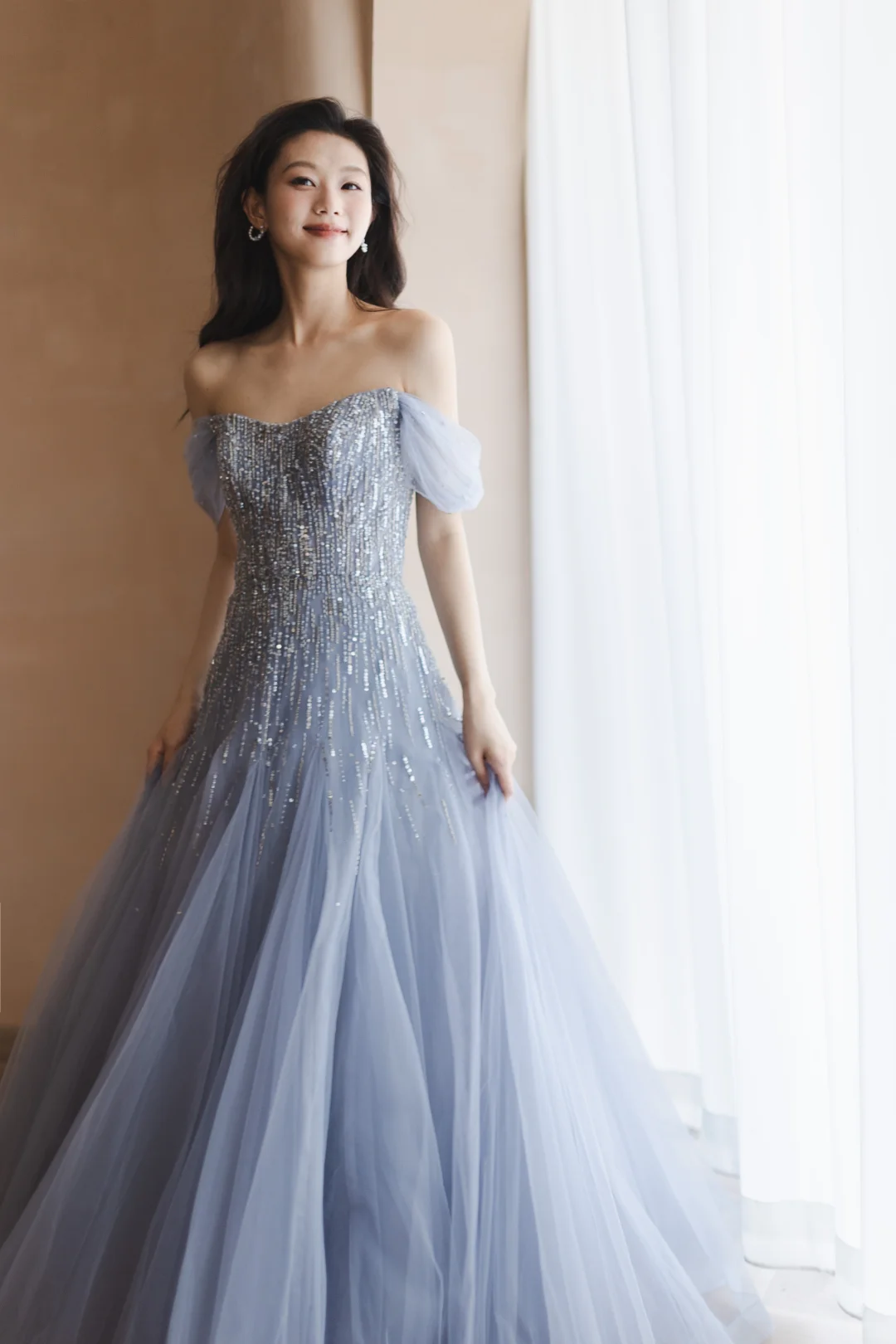 Gentle Blue A Line Off the Shoulder Sequin Beaded Tulle Long Prom Dress Formal Dress DP3336