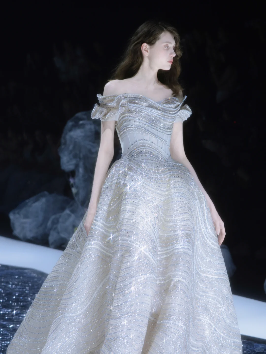 Shiny A Line Off the Shoulder Silver Sequin Tulle Long Prom Dress DP2841