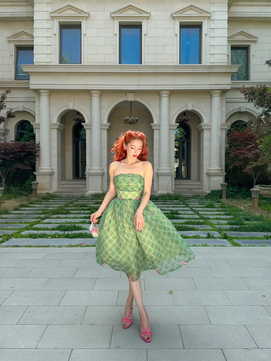 Vintage Ball Gown Strapless Green Plaid Chiffon Party Dress Homecoming Dress DP3732