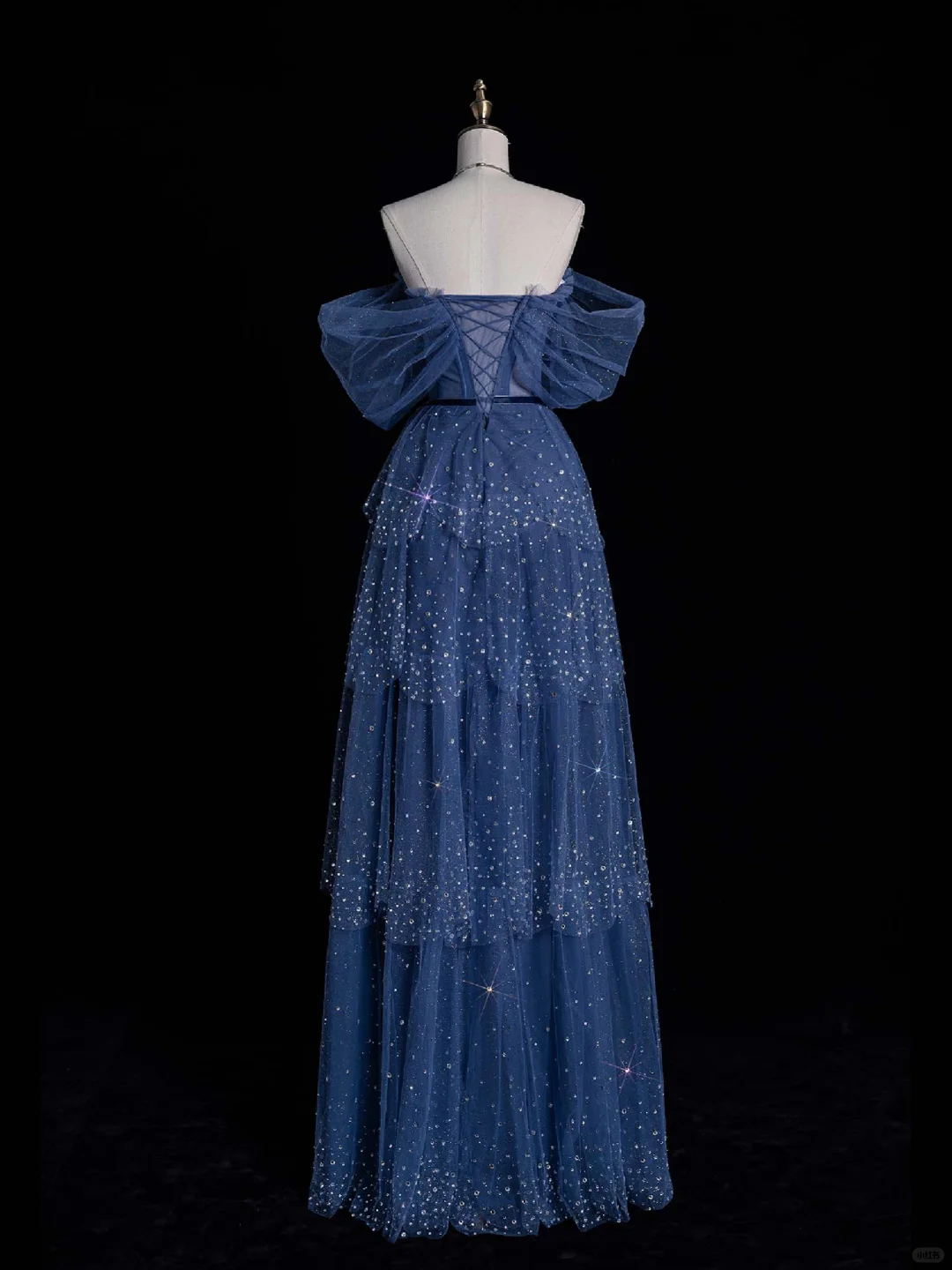 Blue A Line Off the Shoulder Rhinestone Tiered Tulle Long Prom Dress Evening Dress DP2181