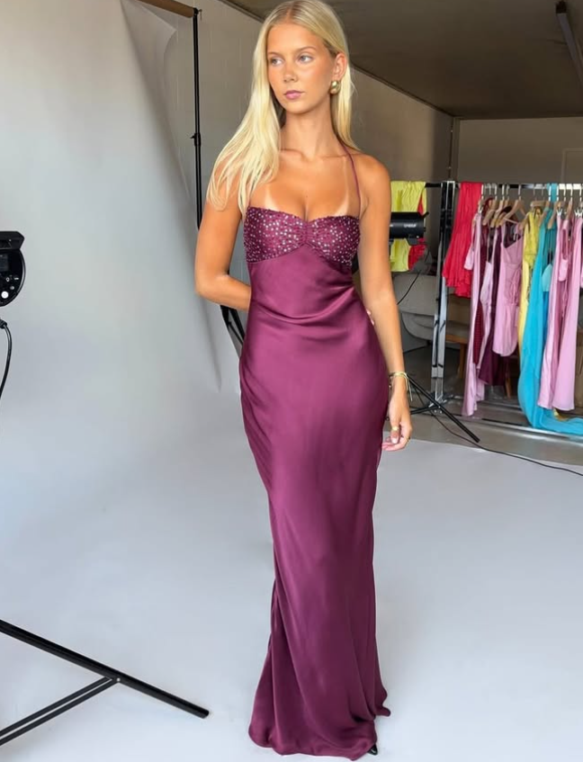 Dark Burgundy Sheath Spaghetti Strap Sequin Satin Prom Dress Party Dress Evening Dress DP3537