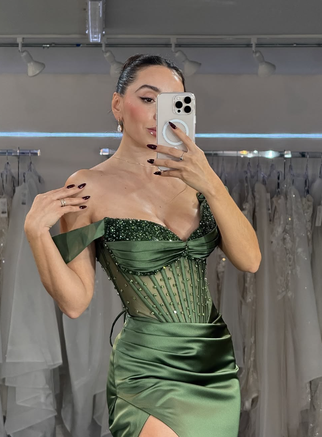Green Sheath Off the Shoulder Beaded Satin Prom Dress Evening Dress with Slit DP1818