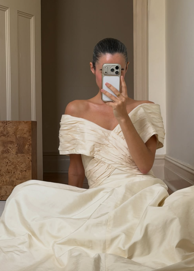 Retro A Line V Neck Light Apricot Satin Long Wedding Dress DP7693