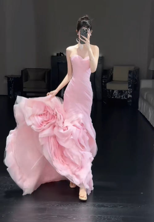 Gentle Mermaid Sweetheart Neck Layered Pink Tulle Long Party Dress Evening Dress DP2416