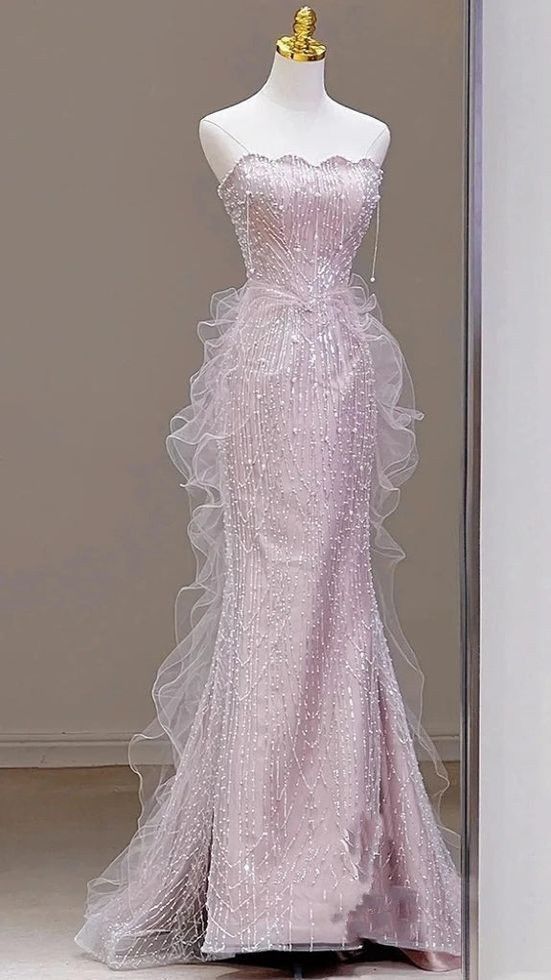 Exquisite Pink Mermaid Petal Neck Beaded Ruffle Tulle Long Prom Dress Evening Dress Date Dress DP3109