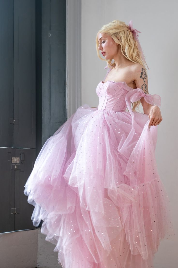 Star Sequin Pink A Line Straps Layered Tulle Date Dress Prom Dress Evening Dress DP3372