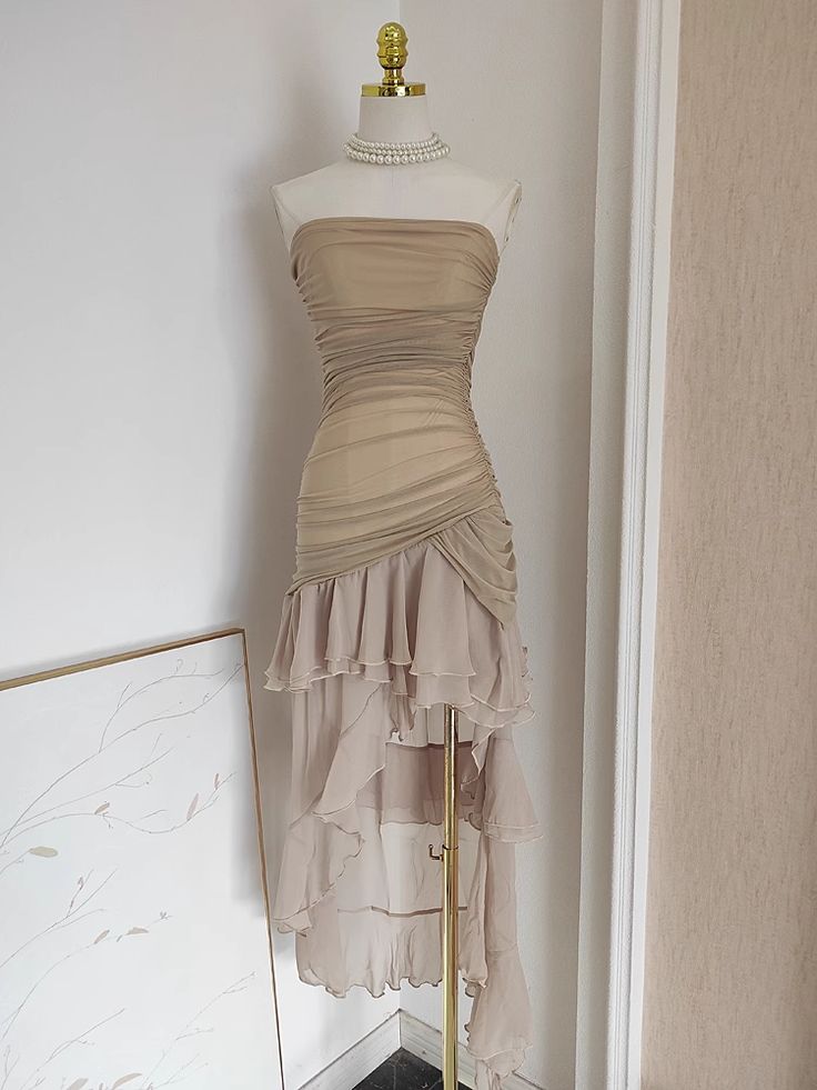 Sexy High Low Strapless Ruffled Chiffon Tulle Vacation Dress DP1454
