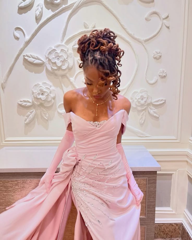 Pink Mermaid Off the Shoulder Beaded Satin Prom Dress Evening Dress with Slit DP3835