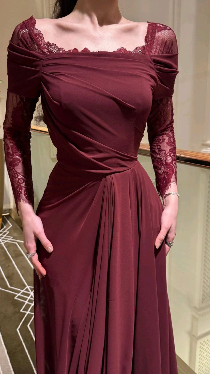 Classy and Sassy A Line Long Sleeve Burgundy Chiffon Lace Prom Dress Evening Dress DP6667