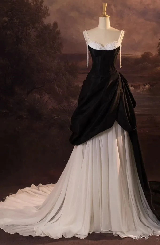 A Line Spaghetti Straps Satin Chiffon Long Prom Dress Evening Dress DP1336