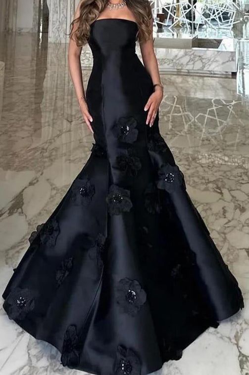 Black Elegant Mermaid Strapless Floral Satin Long Party Dress Date Dress DP2934