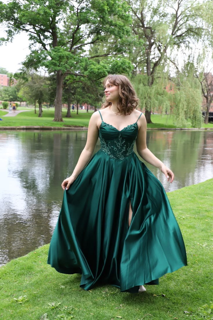 Emerald A Line Spaghetti Strap Beaded Satin Prom Dress Evening Dress DP8058