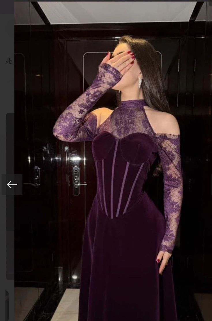Purple A Line Halter Lace Velvet Prom Dress Evening Dress DP6716