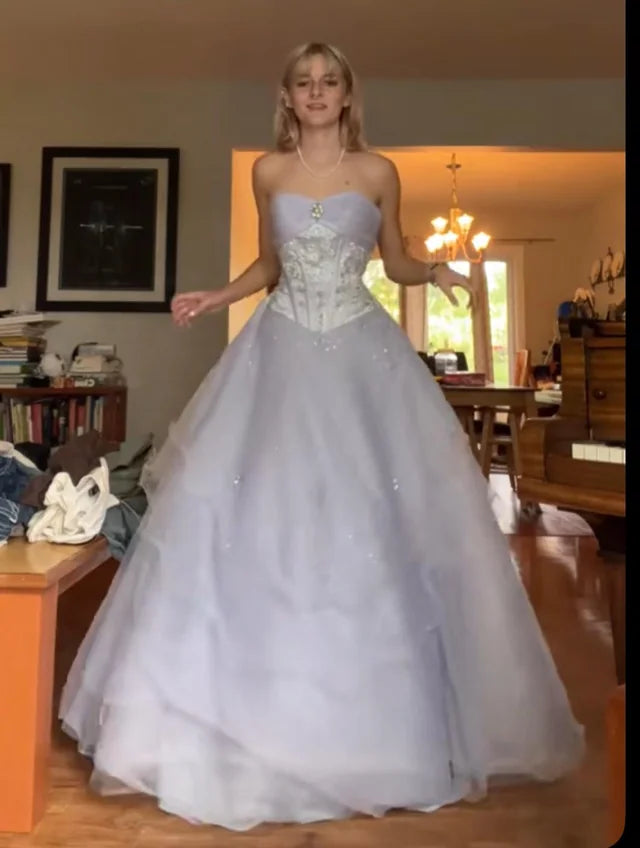Lilac A Line Sweetheart Neck Beaded Tulle Long Prom Dress Evening Dress DP2786