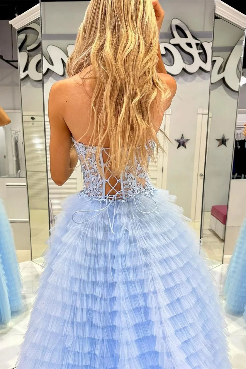 Trendy A Line Sweetheart Blue Corset Prom Dress with Appilques Ruffles DP7762