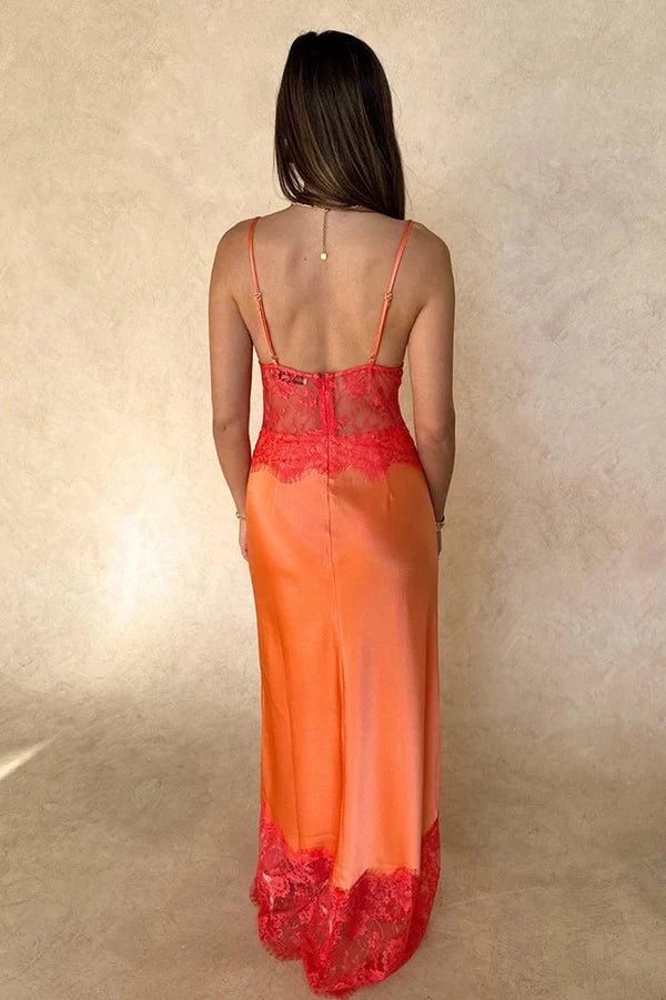 Romantic Orange A Line Straps Lace Satin Prom Dress Party Evening Dress DP5377