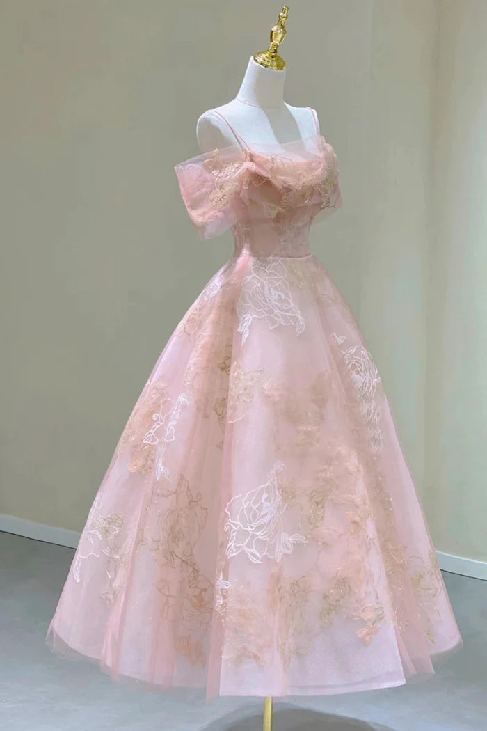Cute A Line Off the Shoulder Pink Tulle Lace Party Dress Evening Dress DP2288
