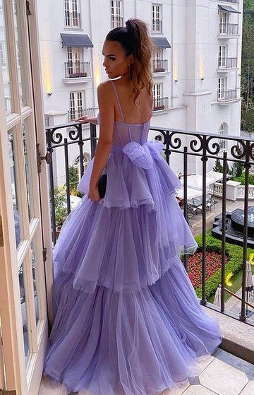 Tiered Lavender Bustier Bow-Back Long Prom Dress DP995