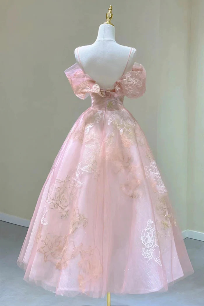 Cute A Line Off the Shoulder Pink Tulle Lace Party Dress Evening Dress DP2288