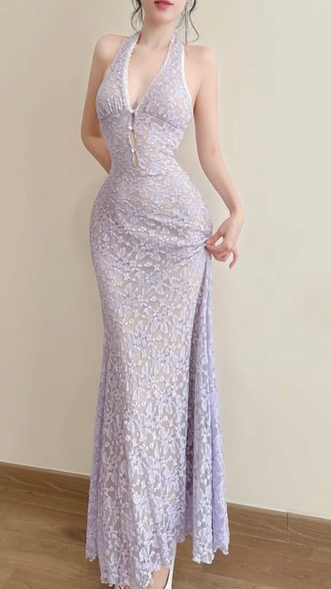 Lilac Sheath Halter Lace Backless Long Prom Dress Evening Dress DP6914