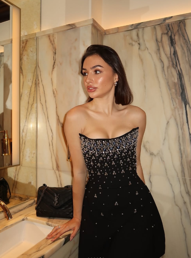 Shiny Rhinestone A Line Strapless Black Satin Short Homecoming Dress Cocktail Dress DP3193